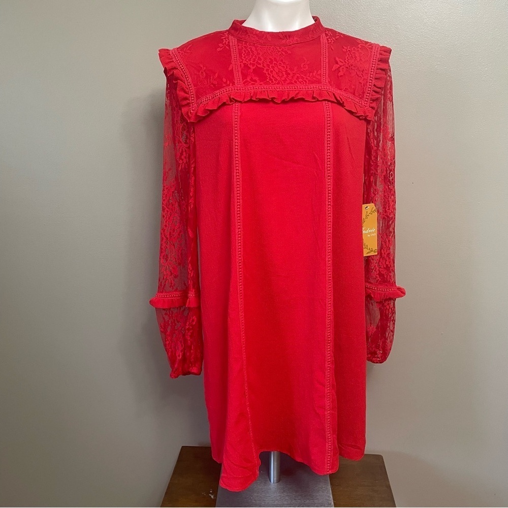 ANDREE BY UNIT size Largr Vibrant Red Long Sleeve Dress lace romantic